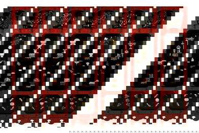 SIX PANEL CINNABAR LACQUER & JADE INLAID SCREEN