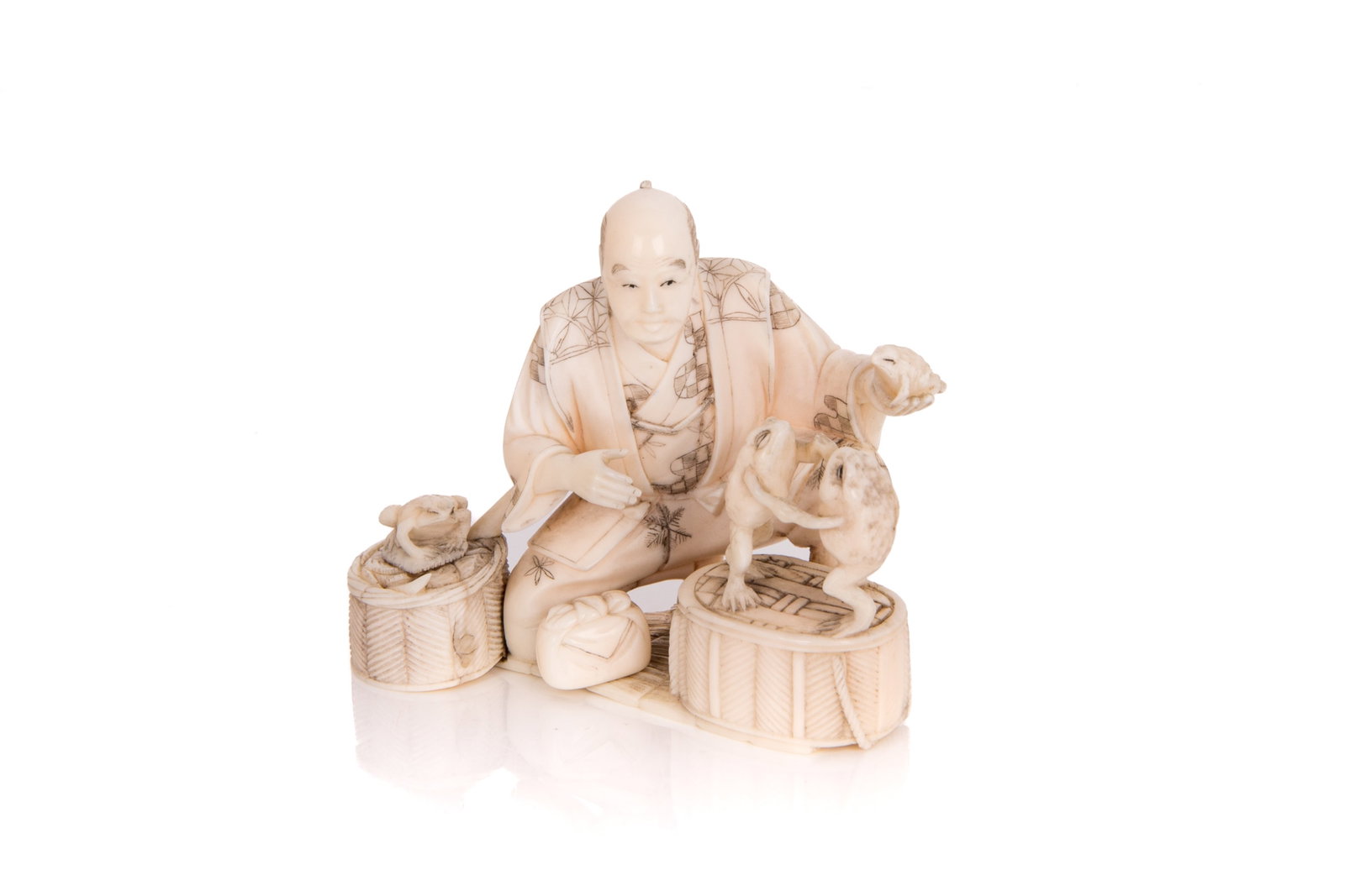 OKIMONO OF A FROG MERCHANT: Depicting a merchant in robes next to two baskets with frogs on top. Signed "Kyoho" to the underside in a red cartouche.H.: 5.5 cm (2 1/4 in.)