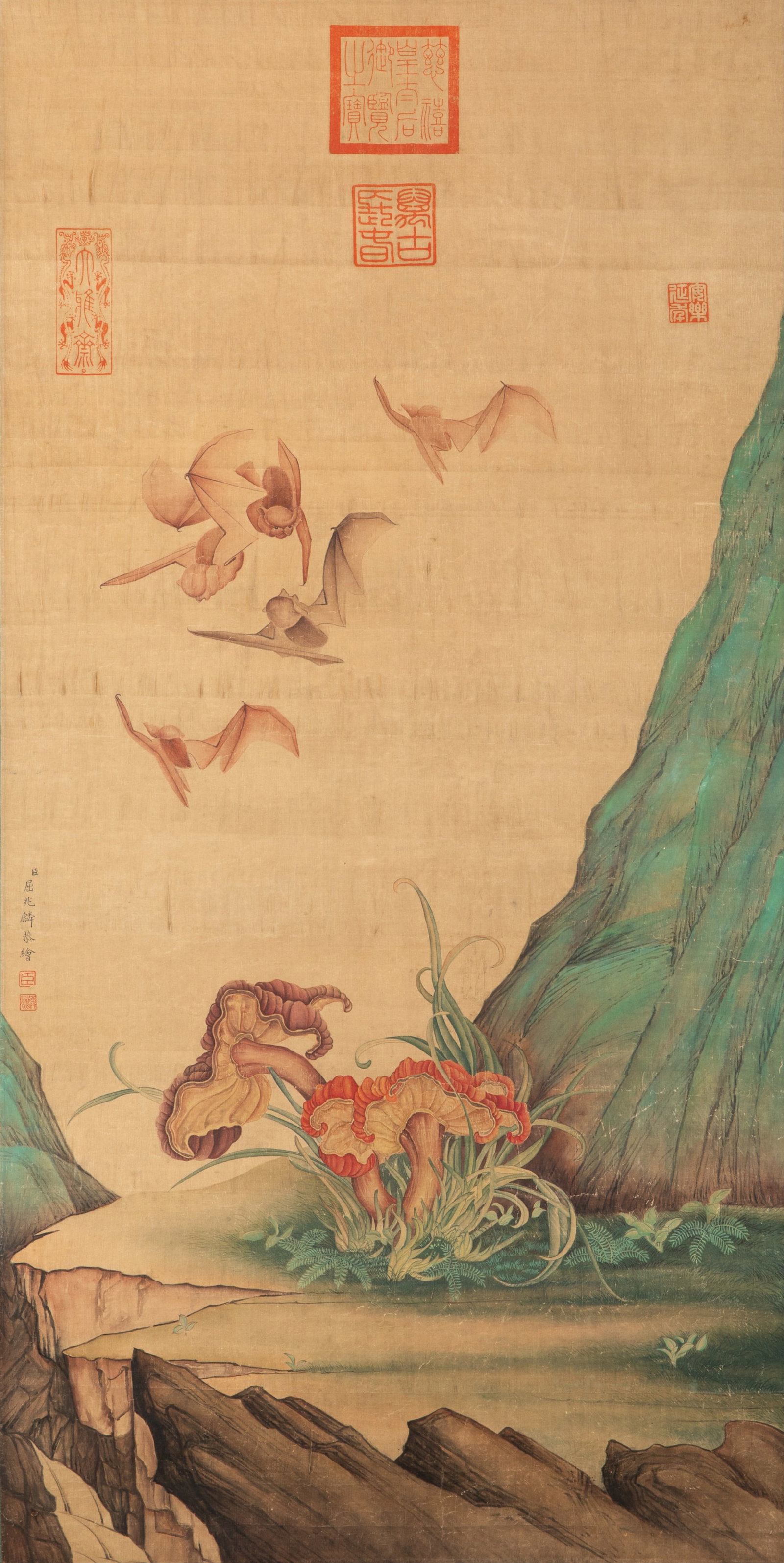 QU ZHAOLIN (1866-1937), WUFU AND LINGZHI: Qu Zhaolin (1866-1937) Wufu (Five Bats) and Lingzhi Undated Signed with two seals of the artist, and six seals overall Hanging scroll, mounted for framing, ink and colour on silk Sight: 49.5 x 97 cm; 