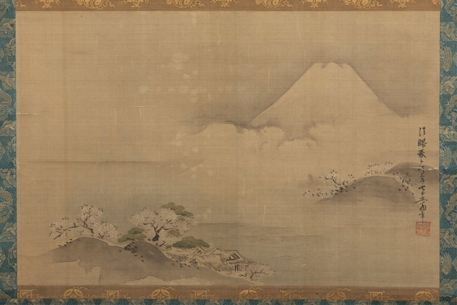 OOKA SHUNBOKU (1680-1763), MOUNT FUJI: Ooka Shunboku (1680-1763) Mount Fuji 1755 Inscribed, and signed with one seal of the artistMounted for framing, ink and colour on silk Image: 21 1/2" x 14"; overall: 26" x 48"