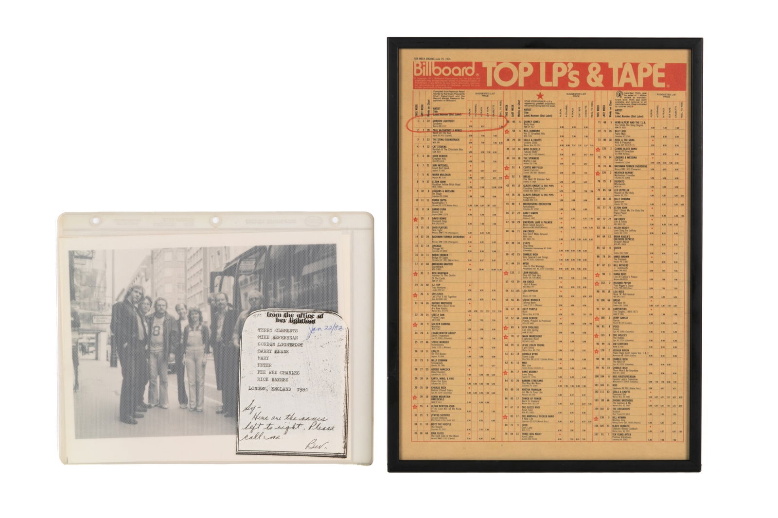 FRAMED BILLBOARD LP'S AND TAPE CHART: Billboard's top LP & Tape chart for June 29th, 1974 listing Gordon Lightfoot number one position on the chart and including two photos of entire band and crew with name list and head shot of Gordon Li