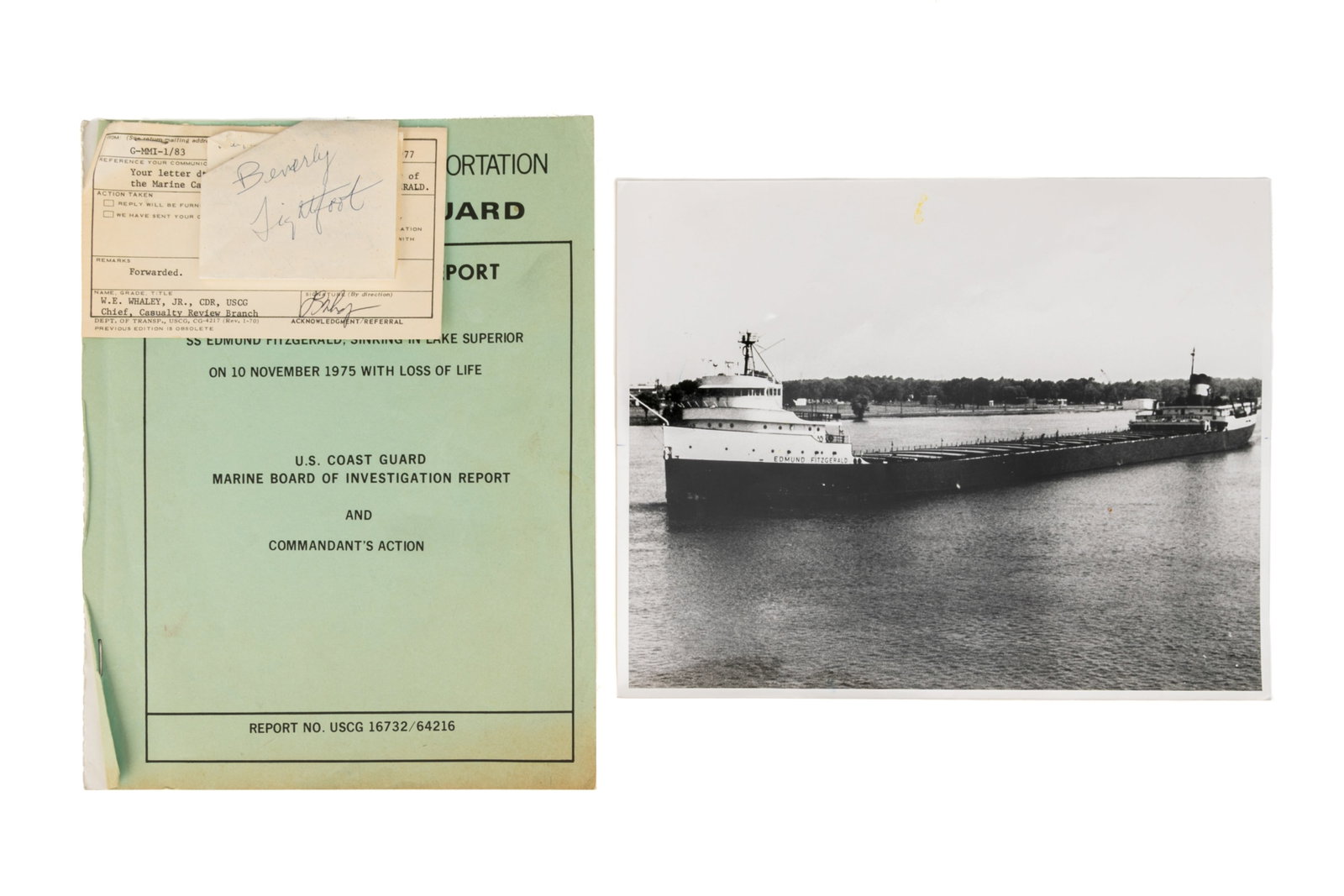 SS EDMUND FITZGERALD MARINE CASUALTY REPORT: From the Department of Transport Coast Guard, Report No. USCG 16732 / 64216 with a letter to Bev Lightfoot dated August 22, 1977. Together with a photograph of the ship.
