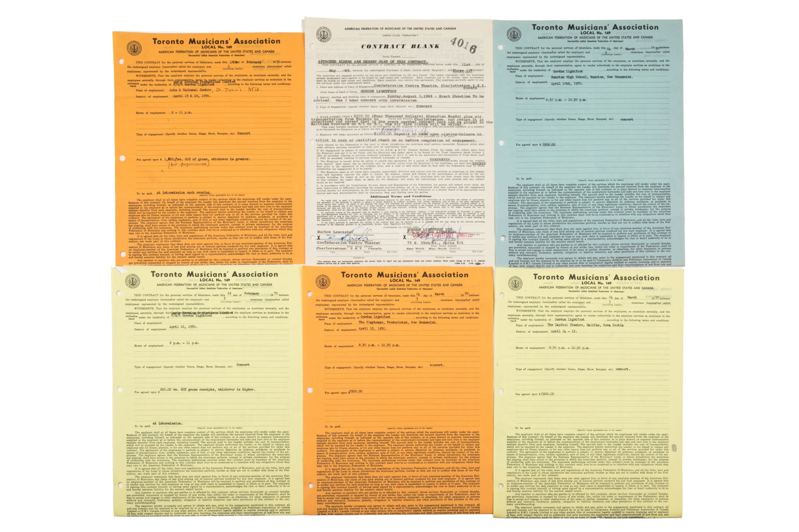 SIX LIGHTFOOT MUSIC ENGAGEMENT CONTRACTS (1 of 2)