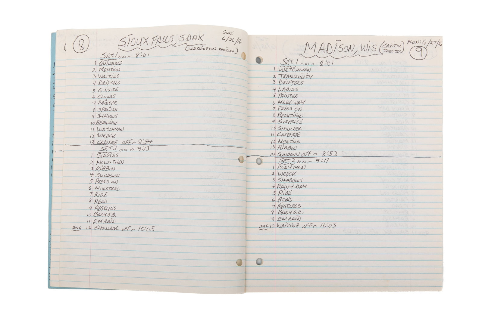 TWO GORDON LIGHTFOOT SET LIST WRITTEN JOURNALS: Concert set lists from American and Canadian cities. Book 39 2016 Book 40 2016-2017