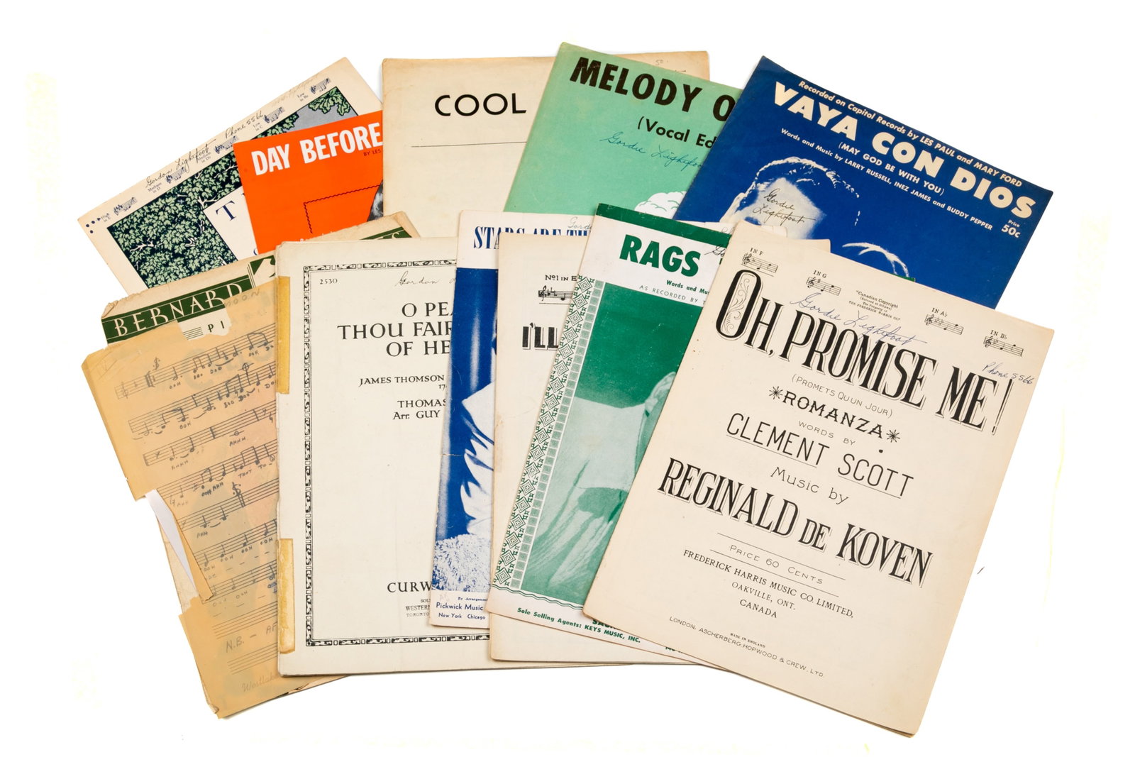 ASSORTED EARLY MUSIC BOOKS OWNED BY LIGHTFOOT: Music books from Lightfoot's early childhood with songs and music sheets, each with personalized doodles, notes and signatures.