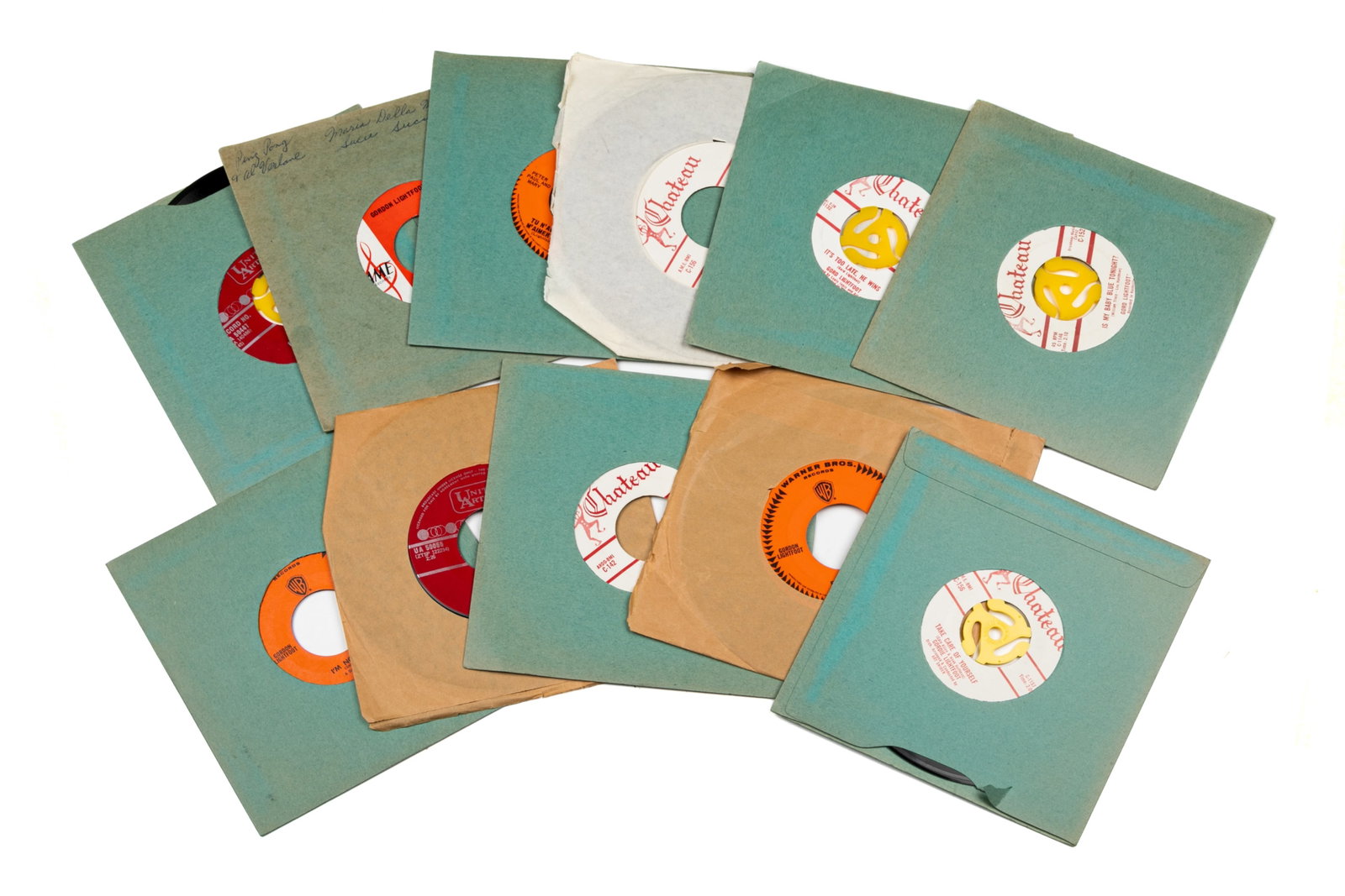 COLLECTION OF LIGHTFOOT'S 45 RPM RECORDS: Early songs and pressings recorded by Gordon Lightfoot including Take Care of Yourself, It's Too Late, He Wins and other assorted songs and titles.