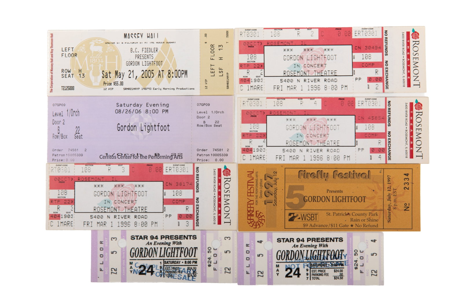 TEN UNUSED GORDON LIGHTFOOT CONCERT TICKETS: All from the 1990s and 2000s belonging to the artist.