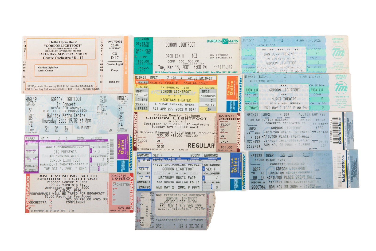 FOURTEEN GORDON LIGHTFOOT CONCERT TICKETS: From the 1990s and 2000s. Mostly unused.