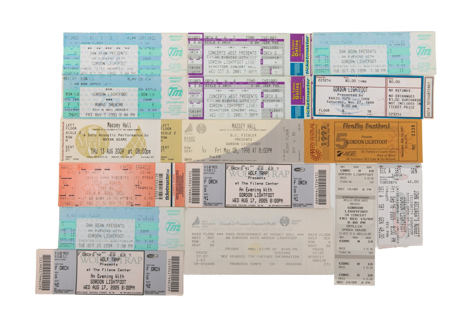 SIXTEEN GORDON LIGHTFOOT CONCERT TICKETS: From the 1990s and 2000s. Mostly unused.
