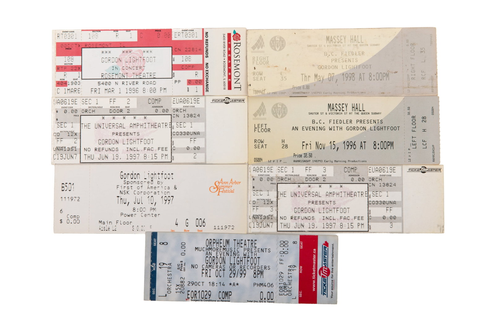 TEN UNUSED GORDON LIGHTFOOT CONCERT TICKETS: All from the 1990s belonging to the artist.