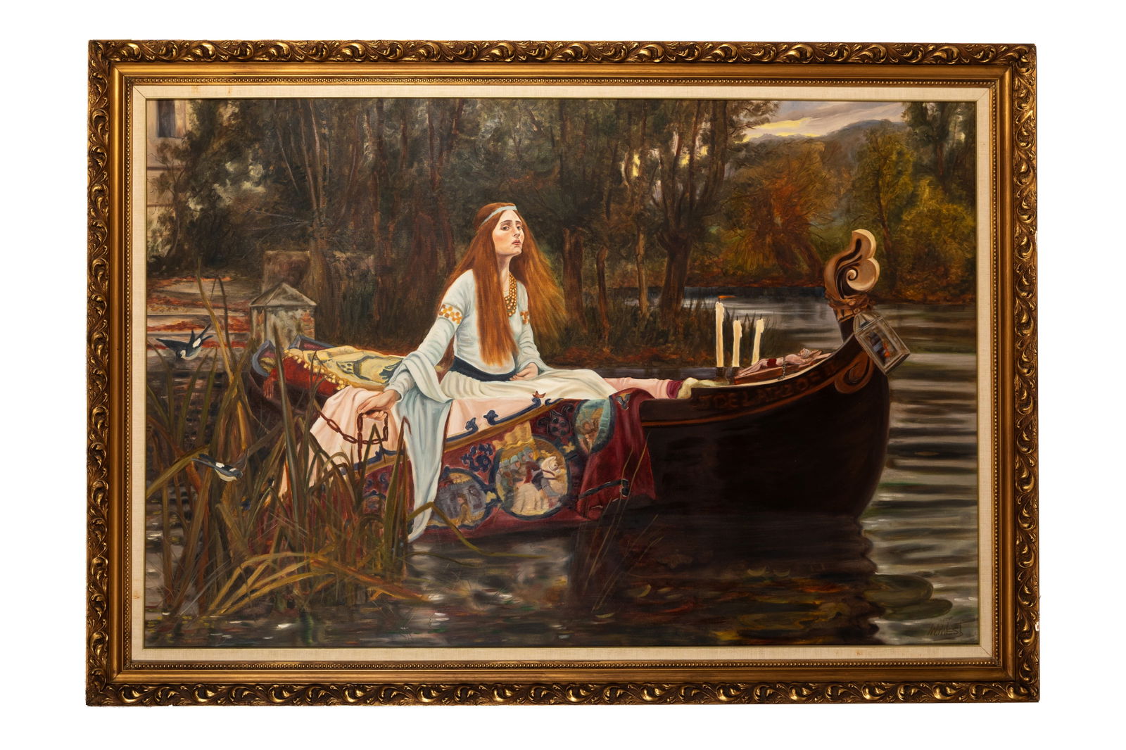 HIPPIE PAINTING OWNED BY GORDON LIGHTFOOT: Copy of "The Lady of Shalott" by John William Waterhouse (English, 1849-1917)Painted by Wendy WestOil on canvasSigned and dated verso, 1979H 55" x W 78"