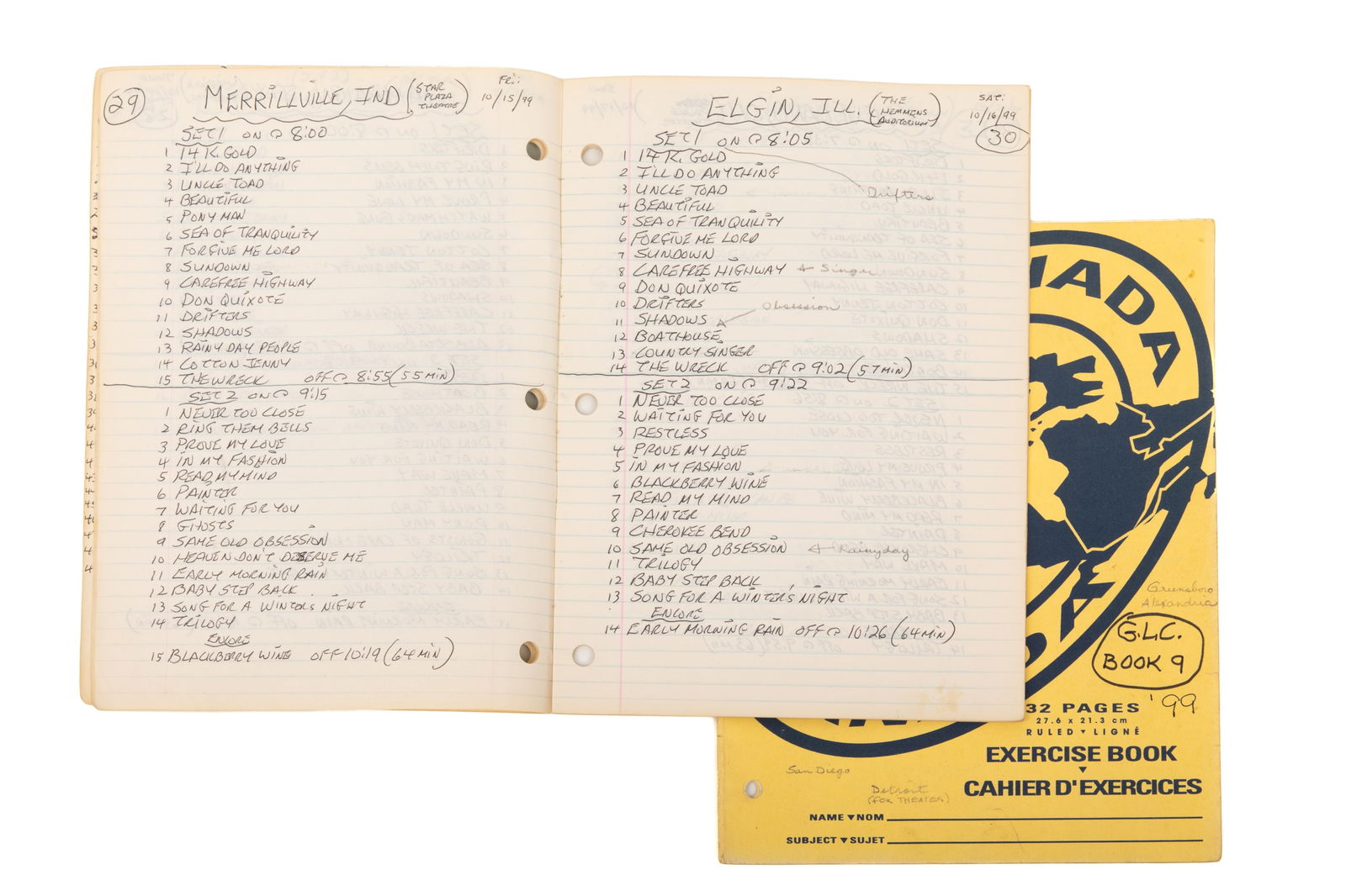 TWO GORDON LIGHTFOOT SET LIST WRITTEN JOURNALS (1 of 3)