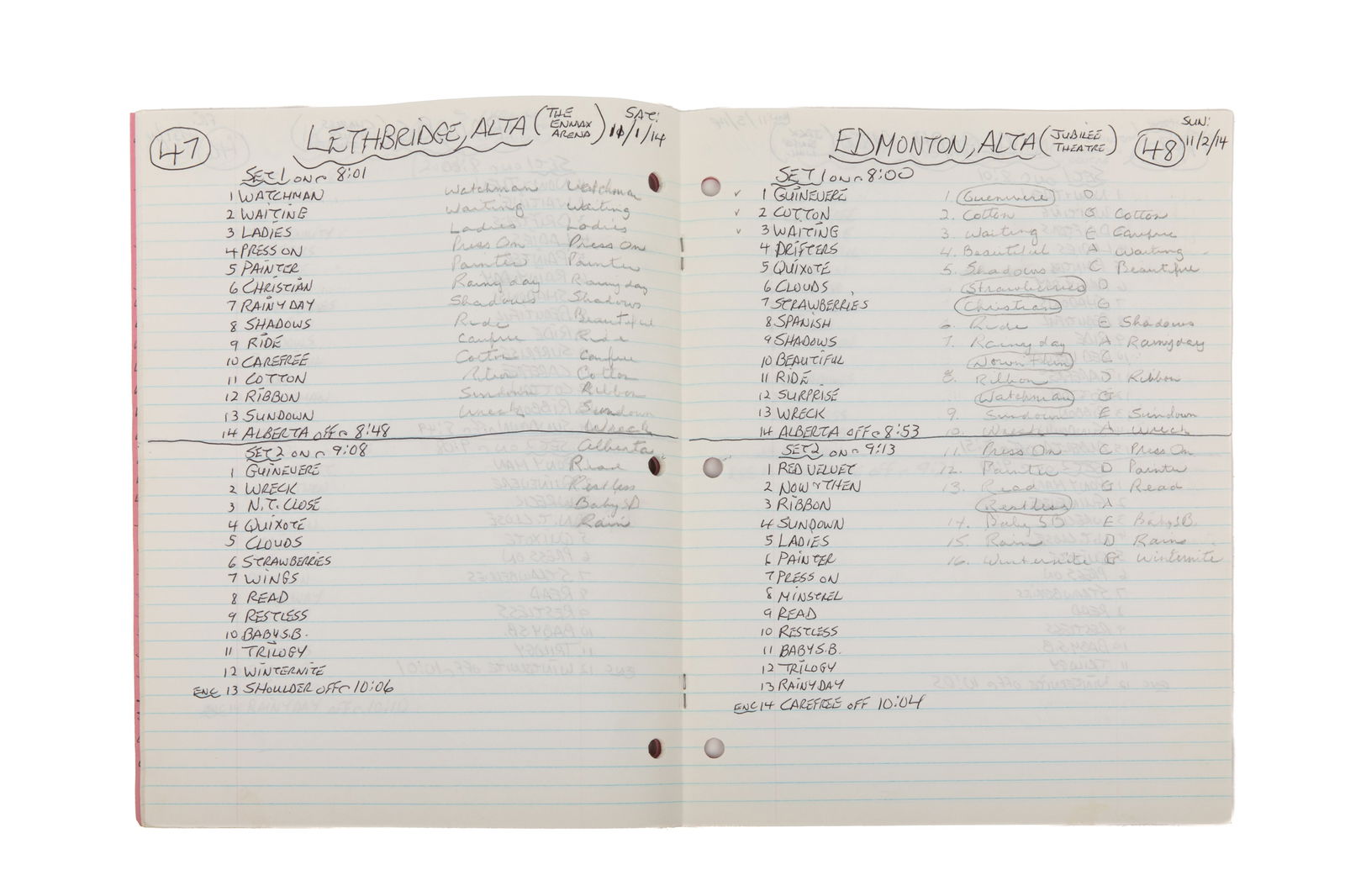 TWO GORDON LIGHTFOOT SET LIST WRITTEN JOURNALS (1 of 5)