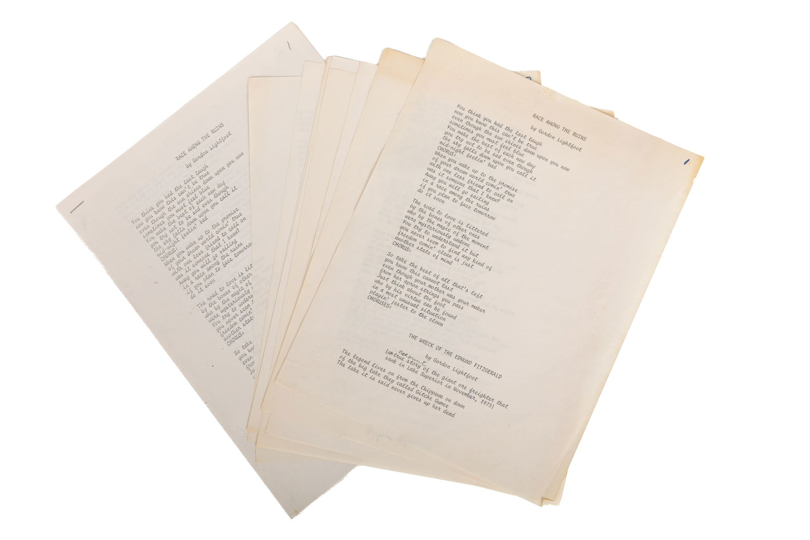 TWO COPIES OF LYRICS BY GORDON LIGHTFOOT (1 of 3)