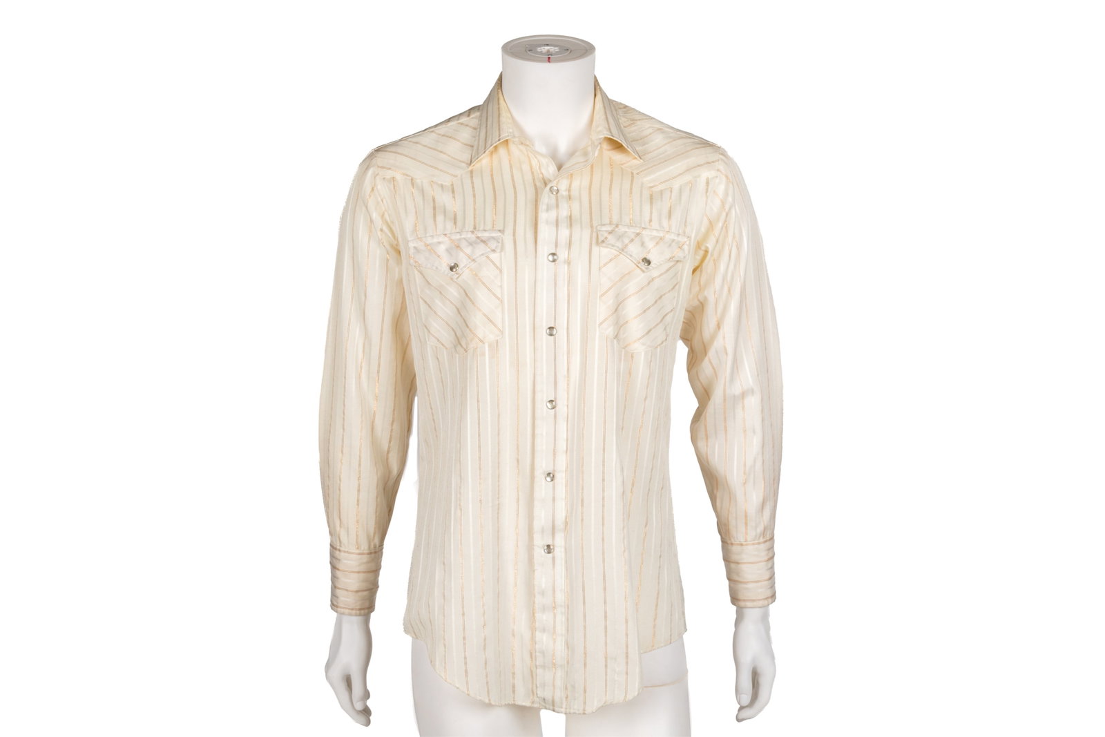VINTAGE CREAM AND GOLD DRESS SHIRT & PHOTO: Snap closure cream dress shirt with gold stripes together with a photo of Gordon Lightfoot on stage in the shirt.