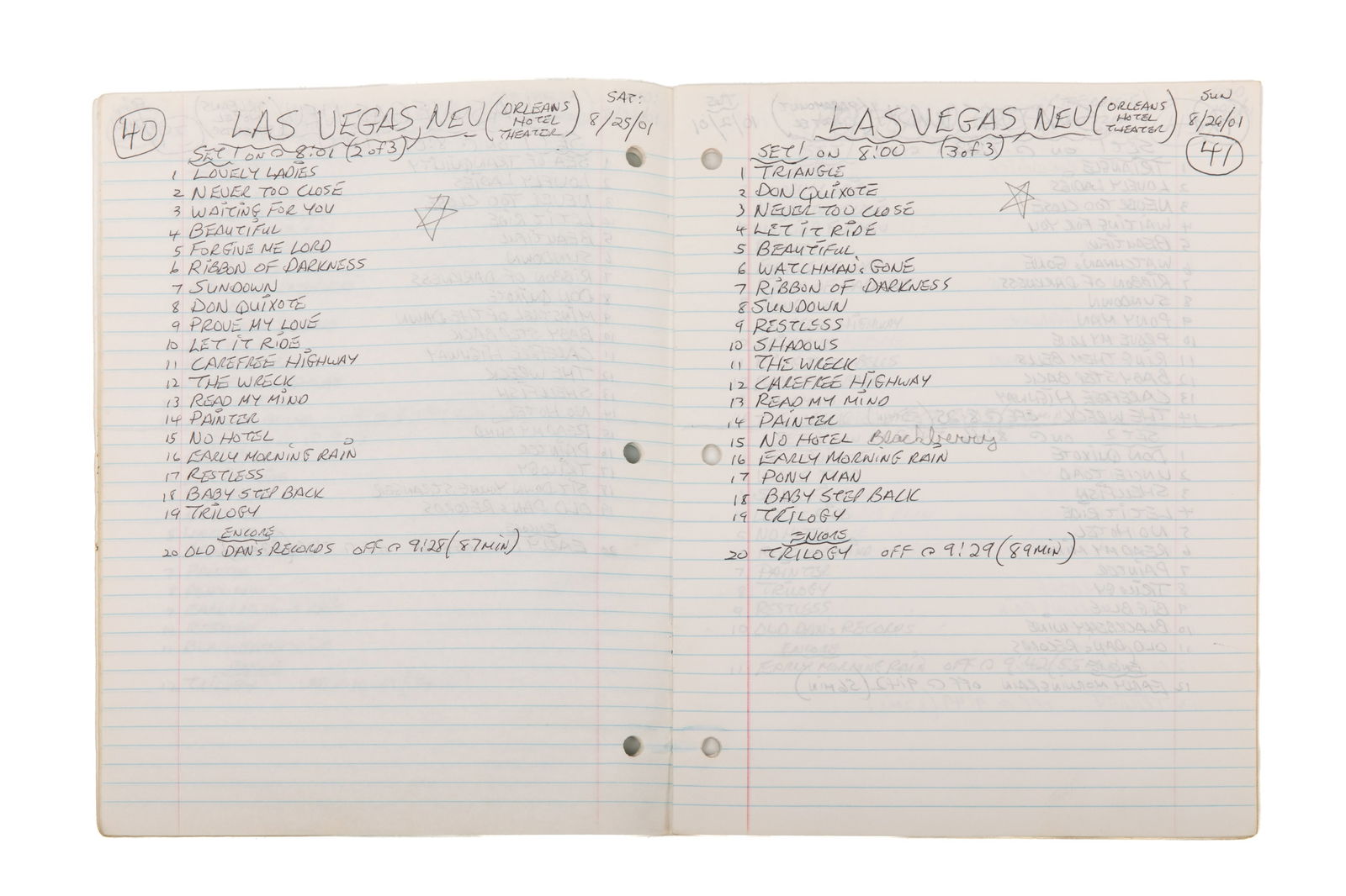 ONE GORDON LIGHTFOOT SET LIST WRITTEN JOURNALS (1 of 3)
