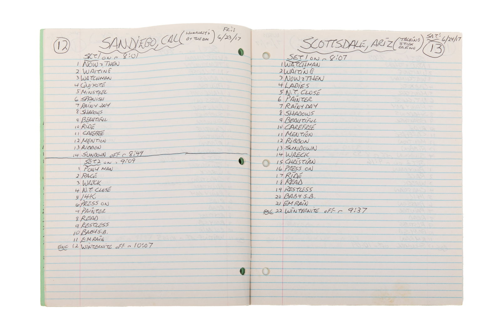 TWO GORDON LIGHTFOOT SET LIST WRITTEN JOURNALS (1 of 4)