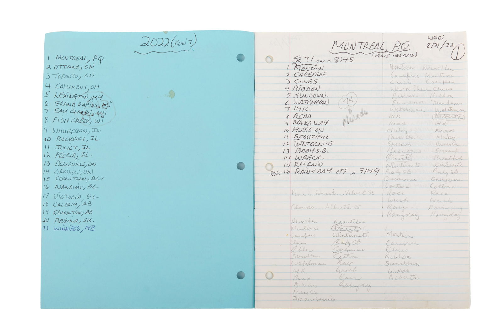 ONE GORDON LIGHTFOOT SET LIST WRITTEN JOURNAL (1 of 3)