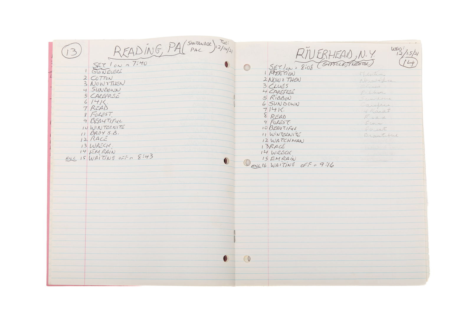 TWO GORDON LIGHTFOOT SET LIST WRITTEN JOURNALS (1 of 3)