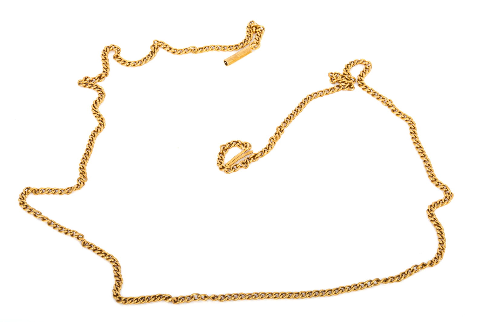 22K 23 INCH LONG YELLOW GOLD CHAIN 12.7g: Solid constructed yellow gold chain testing approximately 22K, measuring 2.5mm wide by 23 inches long, equipped with barrel clasp. 12.7 grams.