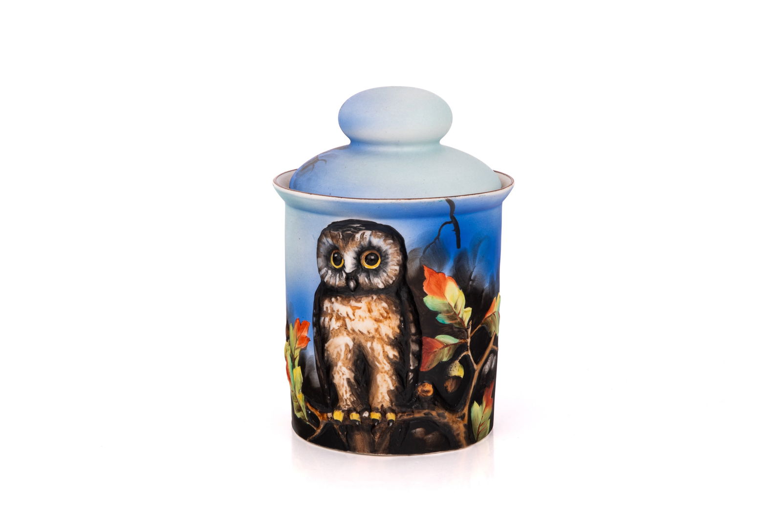 NIPPON PORCELAIN BLOWN OUT OWL HUMIDOR: Height with lid 6.75 in 17 cm