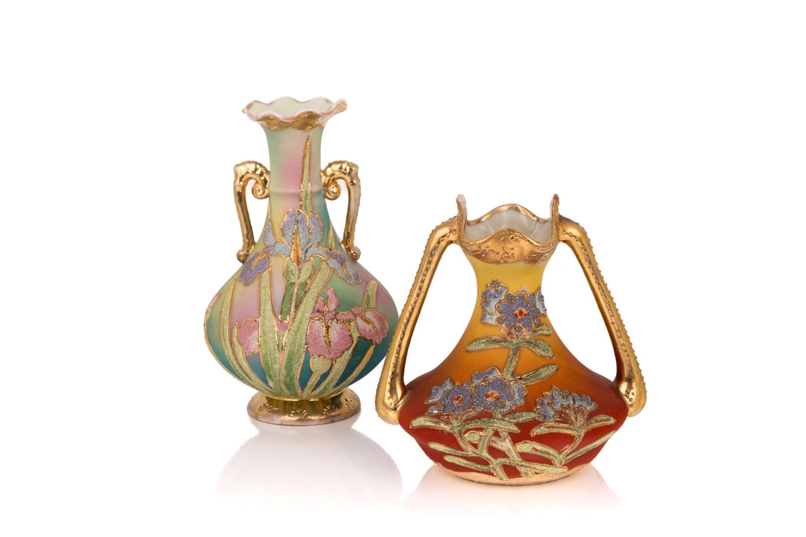 TWO NIPPON CORALENE PORCELAIN TWO-HANDLE VASES: height of largest 6 in 15 cm