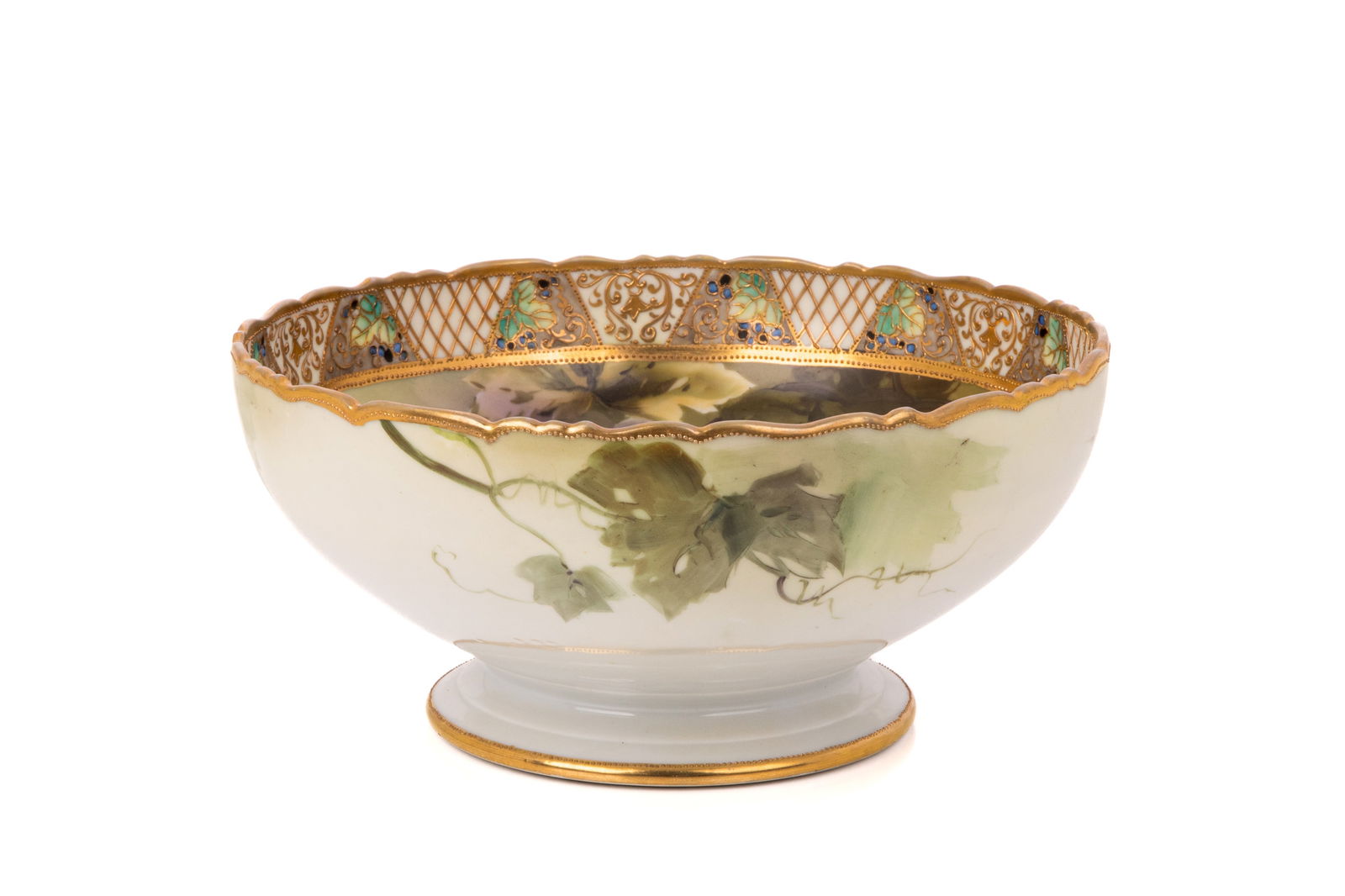 HAND PAINTED NIPPON PORCEALIN ROSE BOWL: With grape vine matte decoration on the interior, gilded border. Dia. 9 1/2" (24cm)