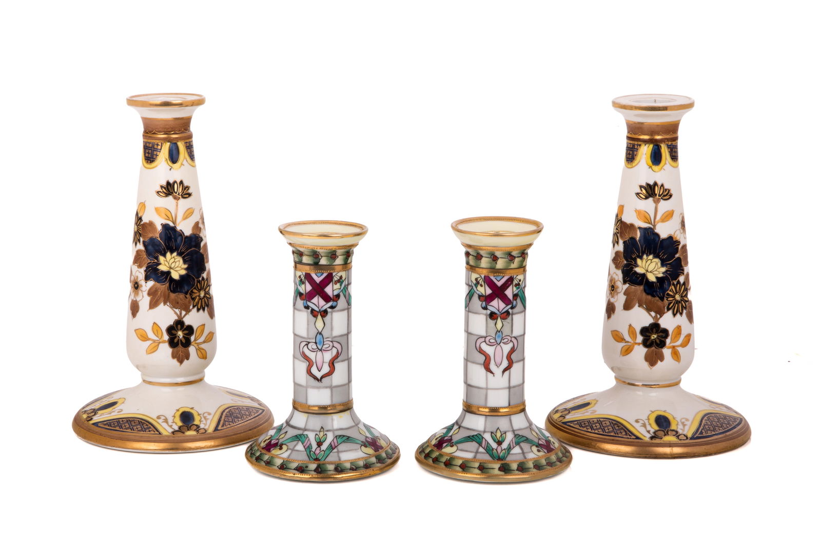 TWO PAIRS OF NIPPON PORCELAIN CANDLESTICKS: One Set: H 8" One set: H 5 1/2"