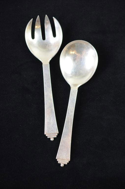 GEORG JENSEN SILVER SALAD SERVERS: Pyramid pattern, circa 1930. L 18 cm. (7 1/8 in.) W 152g.