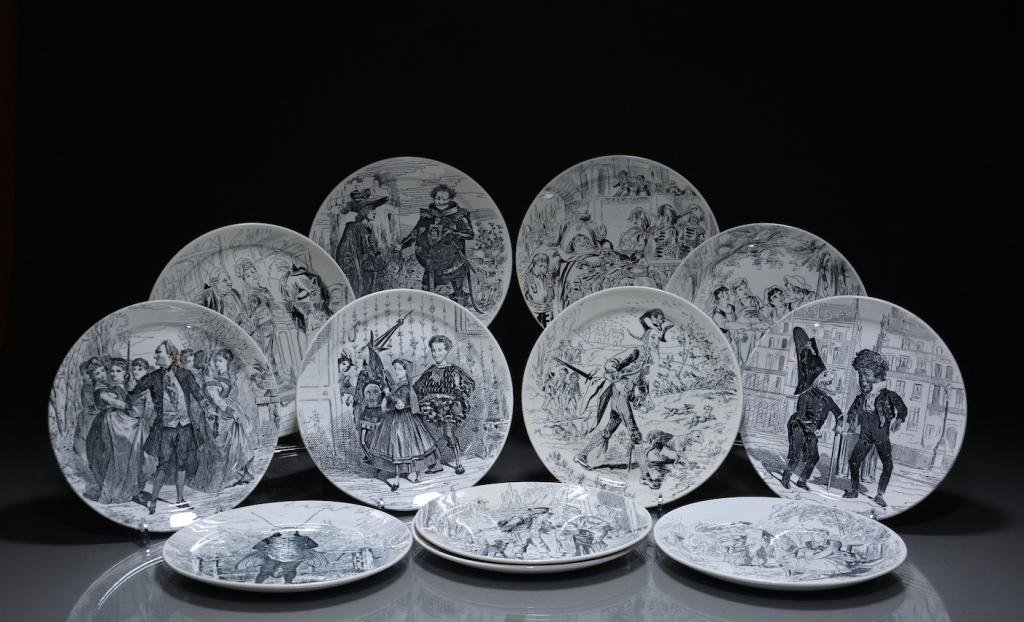 TWELVE CREIL ET MONTEREAU CREAMWARE PLATES: Including: 4 Opera Bouffe, 6 Les Chansons Populaires de France, 1 Palais-Royal and 1 Opera Comique. Dia 20.3 cm. (8 in.).