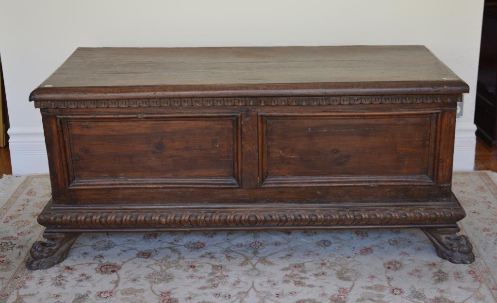 ITALIAN WALNUT CASSONE: Paneled body with carved claw feet, 18th cen. 47 x 19 1/2 x 21 in.