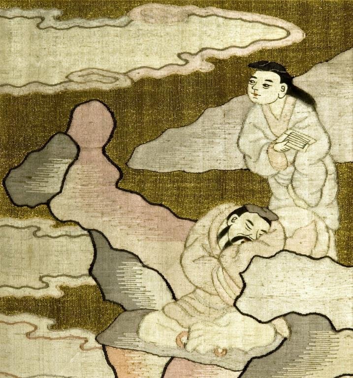 TWO CHINESE SILK KESI PANELS: The first one depicts a lady with lady-in-waiting and the second panel is of Buddhist theme. 18x28cm (7x11 in.)