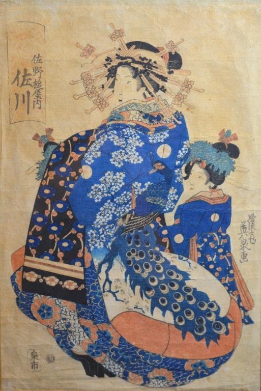 TWO JAPANESE WOODBLOCK PRINT OF GEISHA, EISEN: One depicts two geishas in elaborate blue peacock robes, the other of a geisha doing caligraphy. Both by Keisai Eisen (1790 – 1848), signed with seal. H. 36cm (14 1/4 in.)