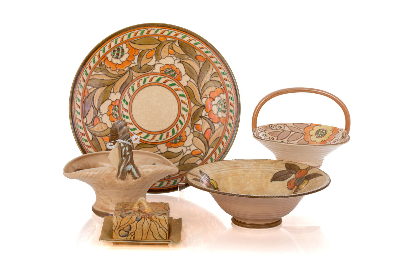 GROUP OF CHARLOTTE RHEAD ART DECO POTTERY: Including charger, baskets, bowl and butter dish. D 12 1/2"