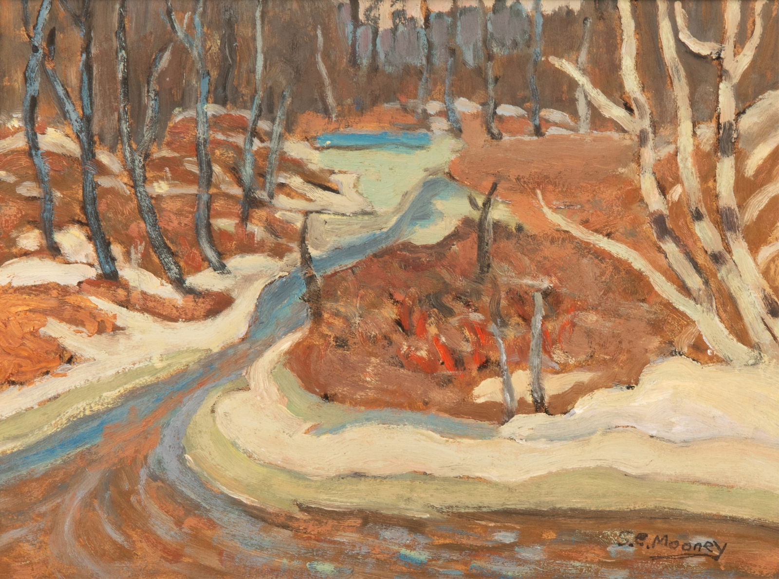 SIDNEY CHARLES MOONEY (Canadian, 1927-2018): Spring stream Oil on masonite Signed bottom right; titled and signed to verso 6" x 8"
