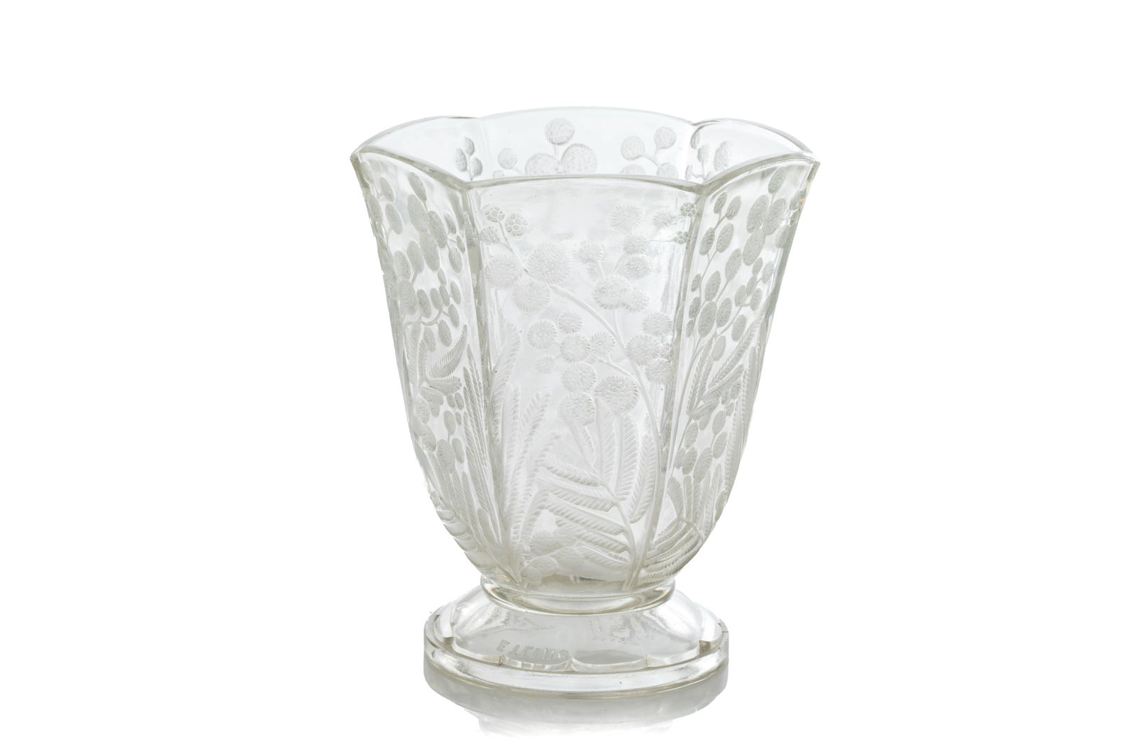 FRENCH ETLING ART DECO GLASS VASE: Moulded fern and flower pattern by Etling.