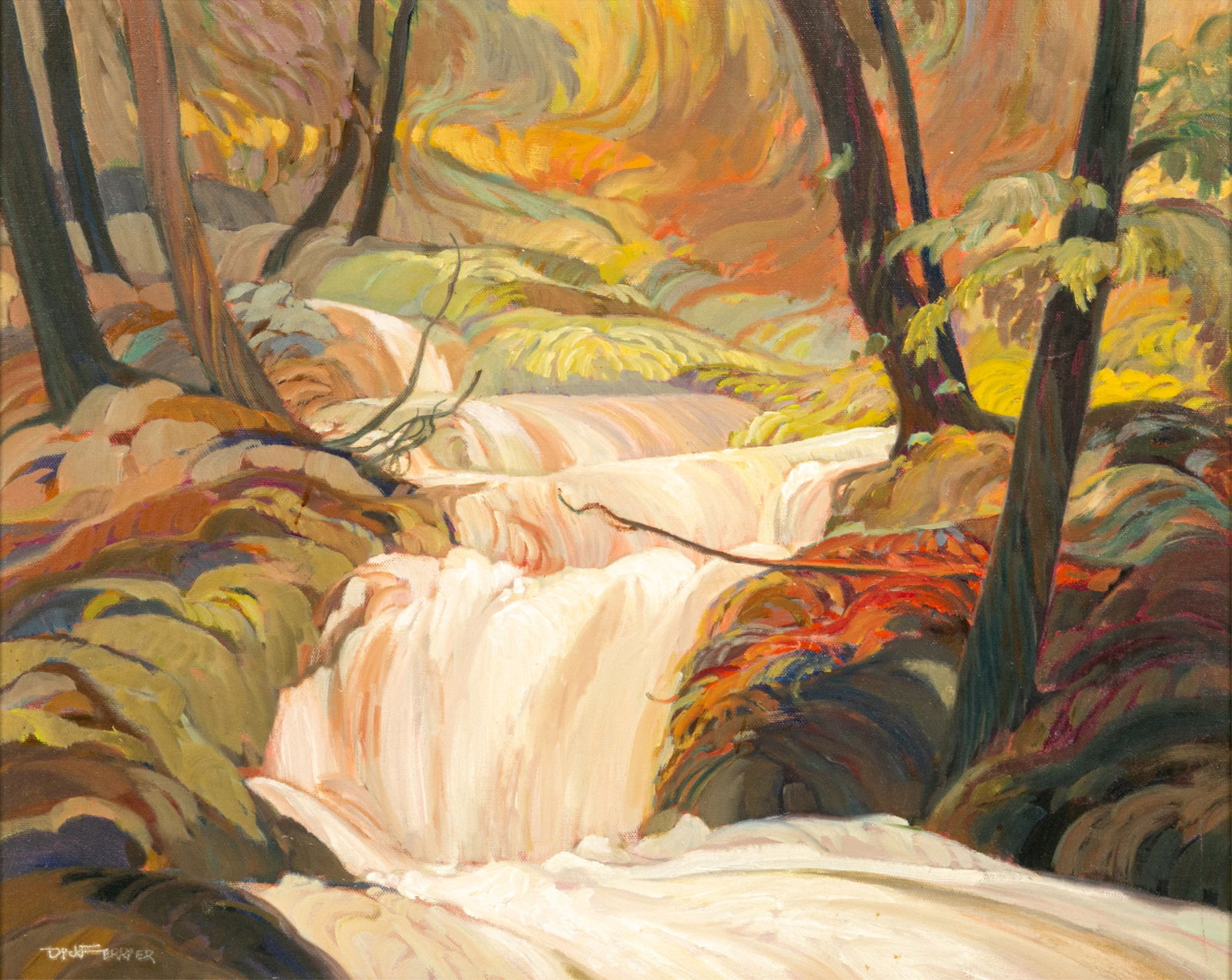 RICHARD 'DICK' FERRIER (Canadian, 1929-2001): Forest Waterfall Acrylic on board Signed bottom left H. 16" x W. 20"