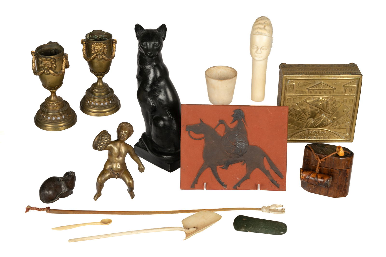 GROUP OF DECORATIVE OBJECTS: Including a pottery plaque, napoleon card box, pair of candlestick bases and cat.