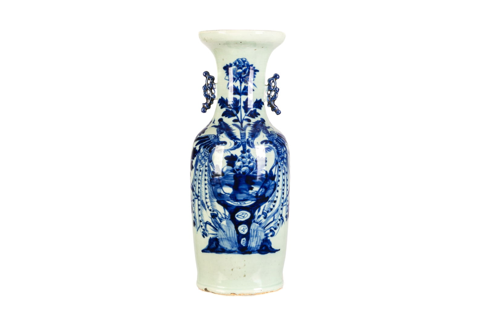 CHINESE 19th C CELADON & BLUE GLAZE VASE: Chinese, mid-Qing period, celadon and white glazed porcelain vases, depicting a pair of enormous peacocks on a stage, embraced by the clusters of the peonies, with two animal-shape porcelain ears atta