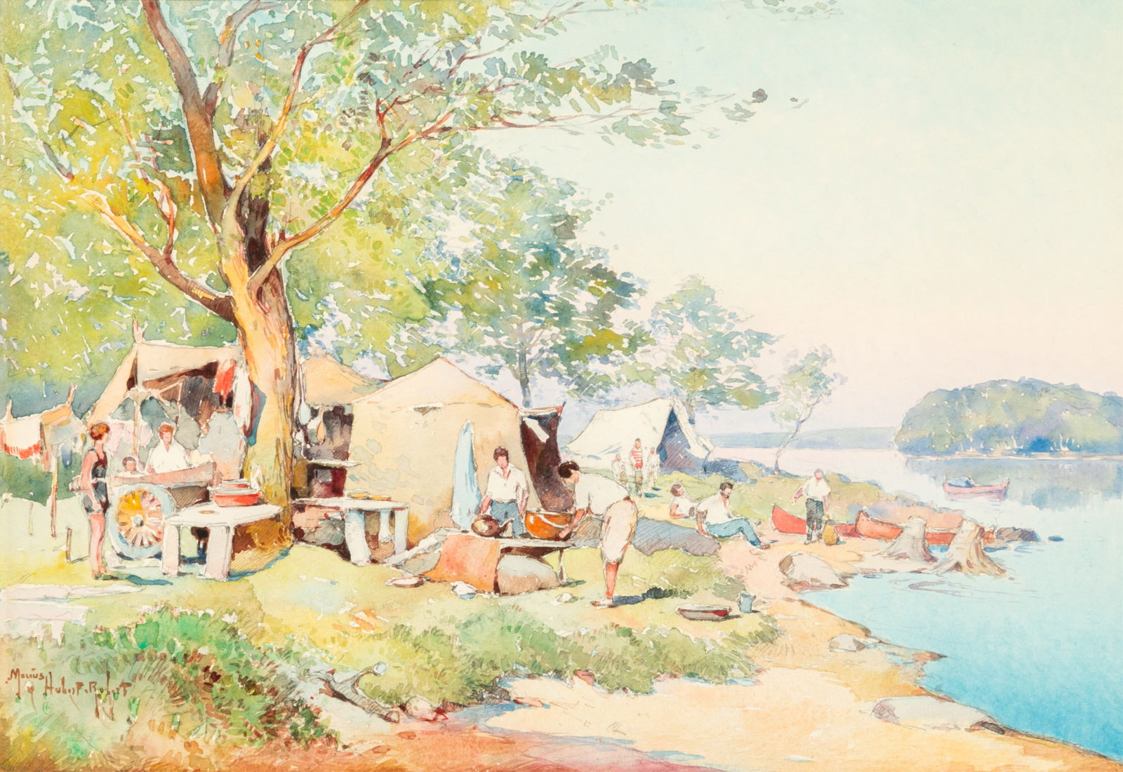MARIUS HUBERT-ROBERT (French, 1885-1966): Depicting a summer lake-side encampment Watercolour on paper Signed lower left Sight measurement: H. 13 1/8" x W. 19 1/8" Framed measurement: H. 21 1/2" x W. 27"