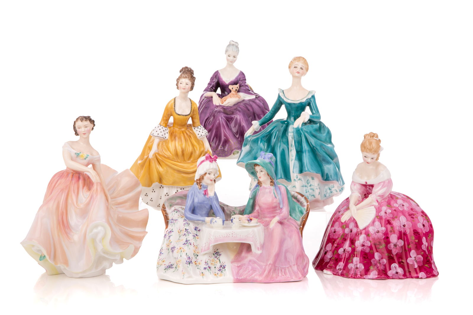 SIX ROYAL DOULTON PORCELAIN FIGURES: Victoria HN2471, Afternoon Tea HN1747, The Polka HN2156, Carolle HN2397, Charlotte HN2421, Janine HN2461