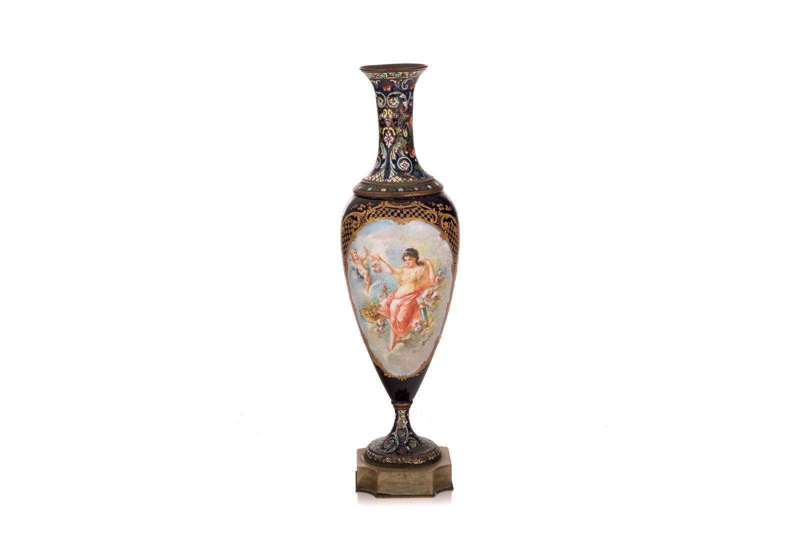 FRENCH PORCELAIN & CHAMPLEVE VASE: Porcelain vase on cobalt blue ground in the Sevres style with multicoloured enamel around the neck and foot. Two hand-painted roundels on front and back, one depicting various musical instruments and