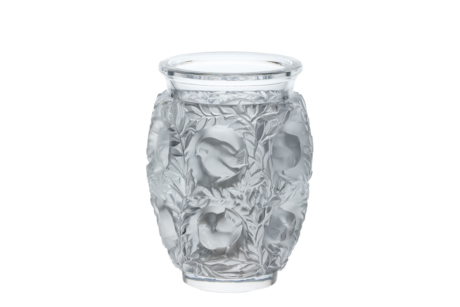LALIQUE FRANCE FROSTED GLASS BIRD VASE: .