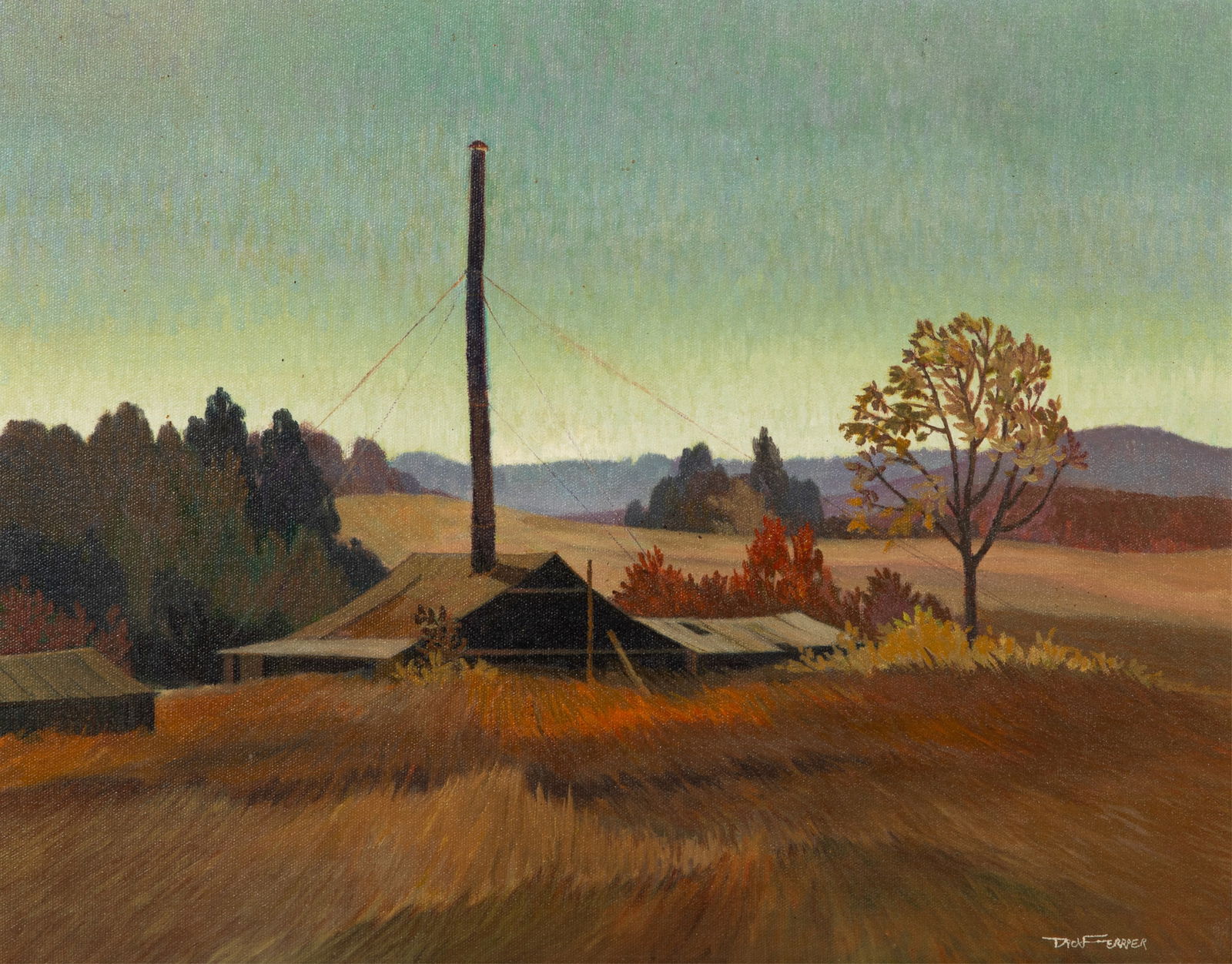 RICHARD "DICK" FERRIER (Canadian, 1929-2001): Old Lumbermill, Barry's Bay Acrylic on masonite Signed bottom right H.16 1/4" x W. 20"