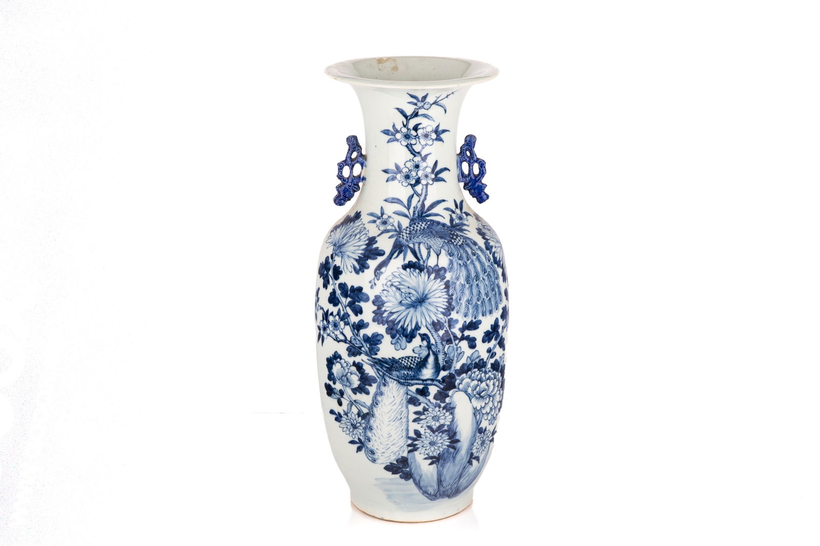 LARGE BLUE & WHITE BIRD-AND-FLOWER BALUSTER VASE (1 of 3)