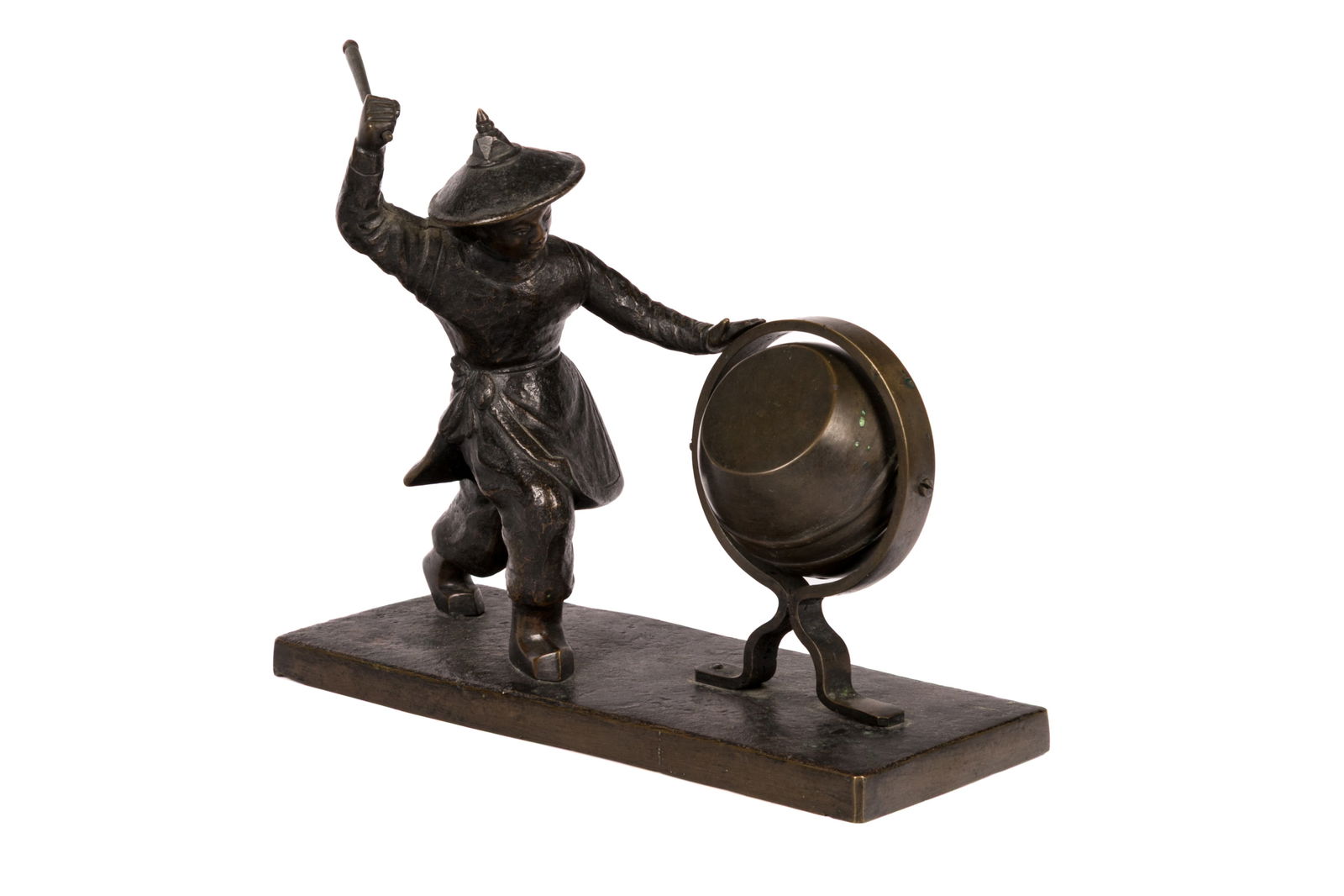 BRONZE SCULPTURE OF MAN WITH DRUM: Possibly Japanese. H. 8" x W. 9 1/4" x D. 3 1/2"