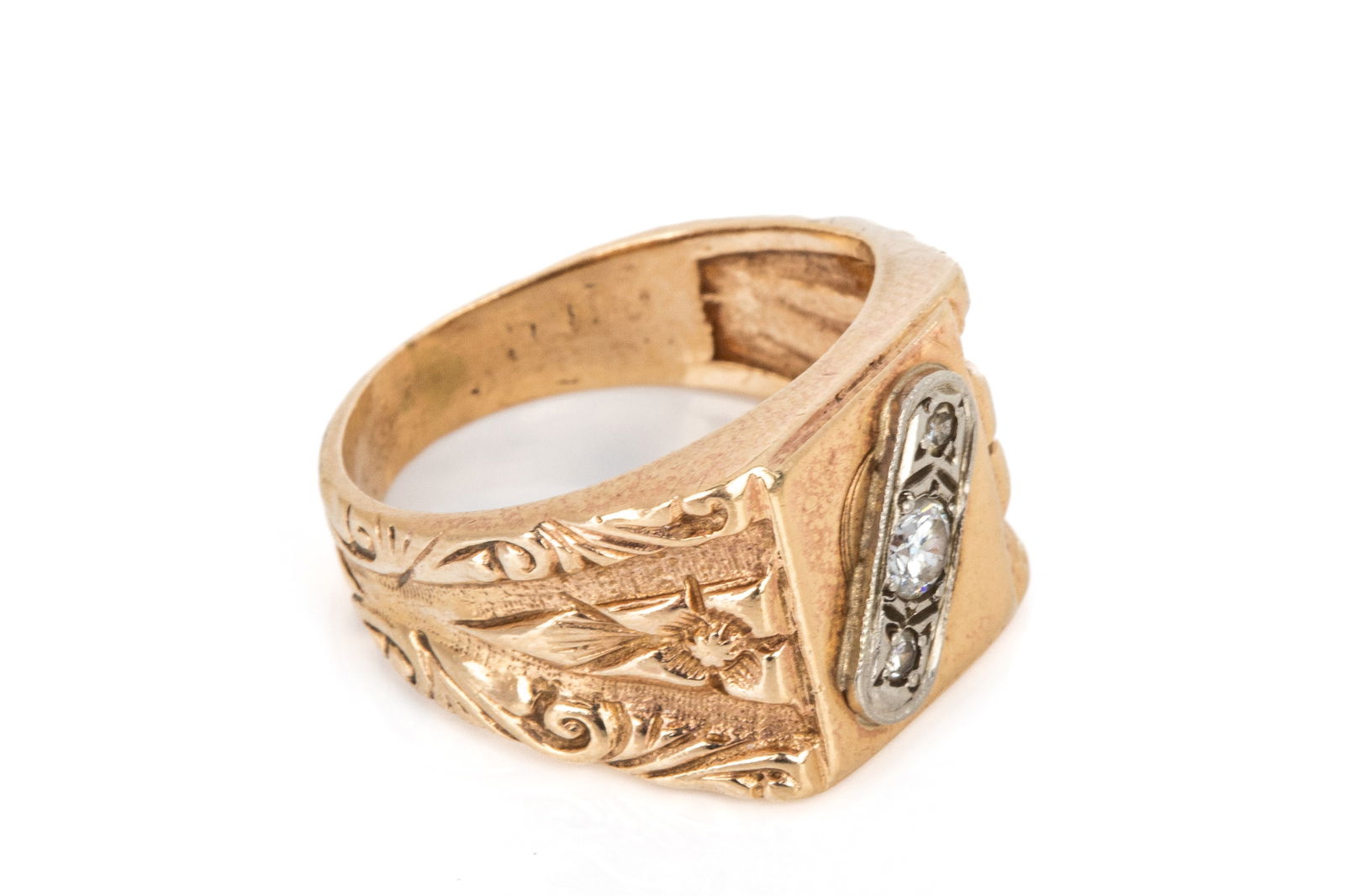 10K YELLOW & WHITE GOLD DIAMOND SIGNET RING 5.9g (1 of 3)