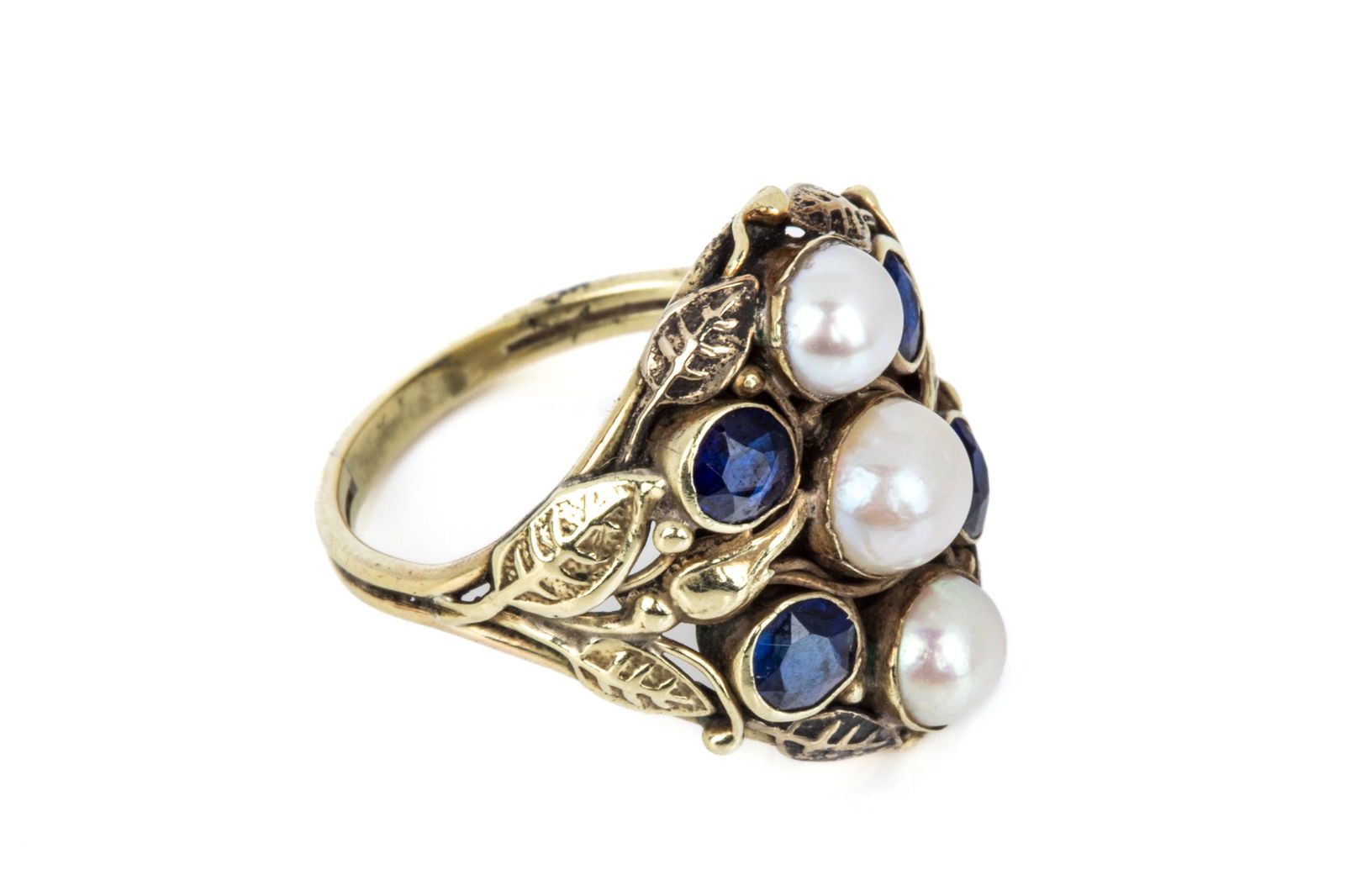 14K VINE MOTIF PEARL & SAPPHIRE RING 5.4g (1 of 3)