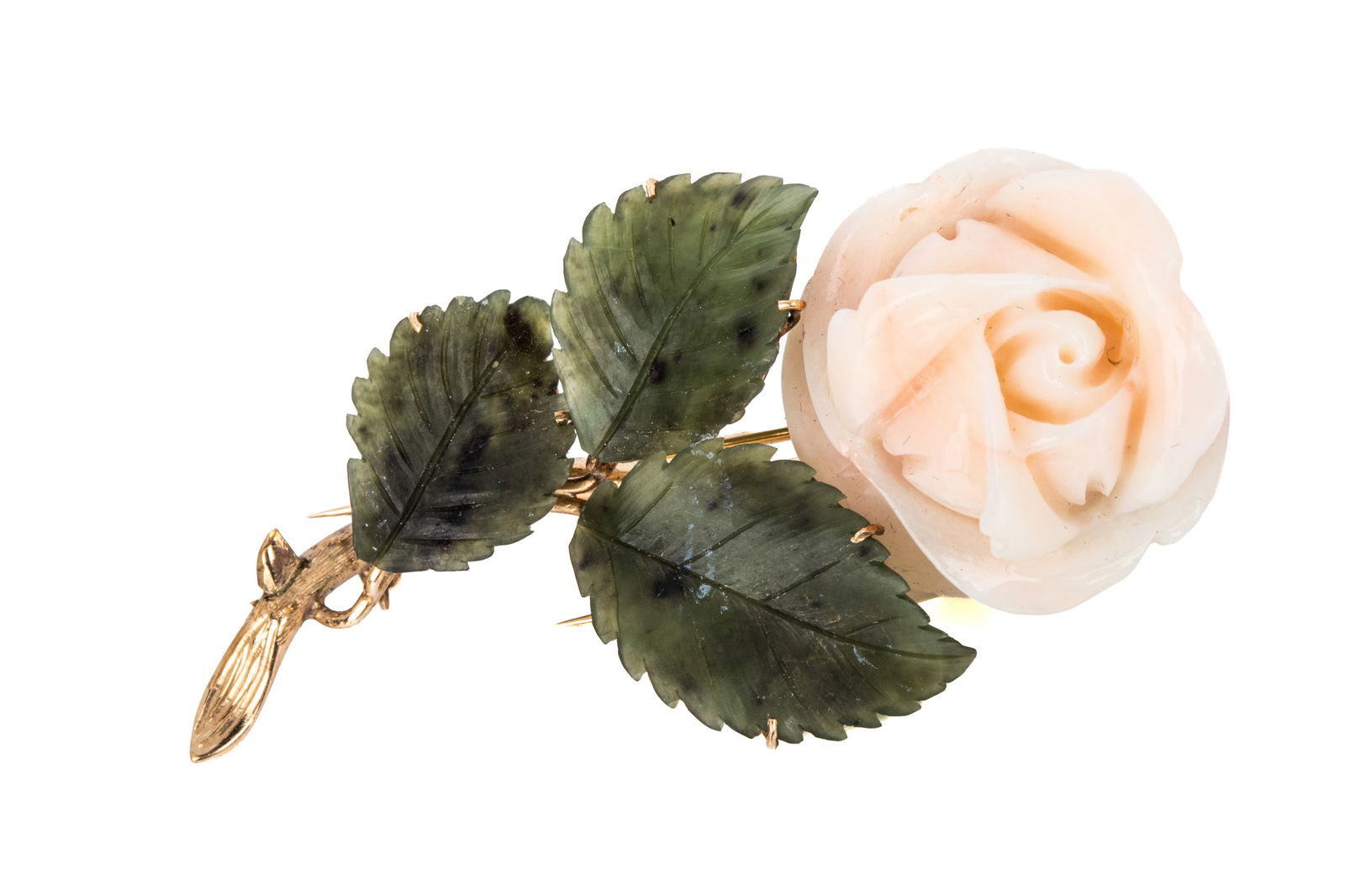 14K NEPHRITE & ANGEL SKIN CORAL BROOCH 18.2g (1 of 3)