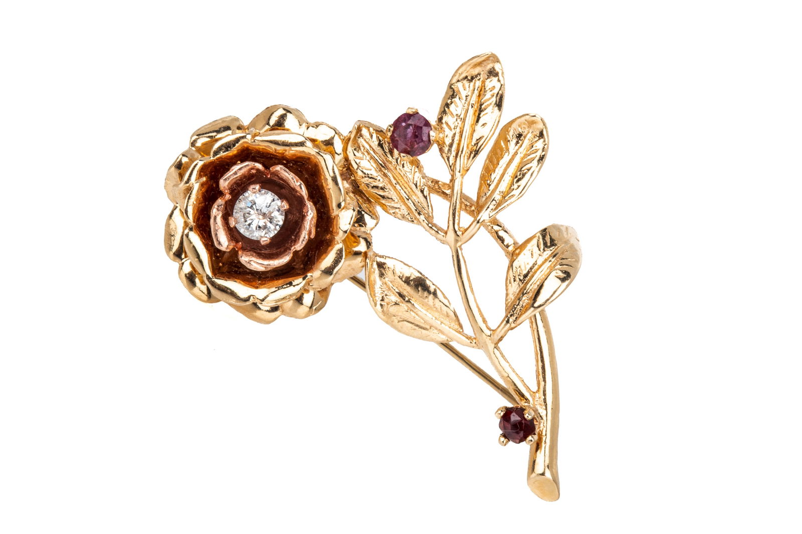 14K DIAMOND & GARNET ROSE BROOCH 11.7g (1 of 3)